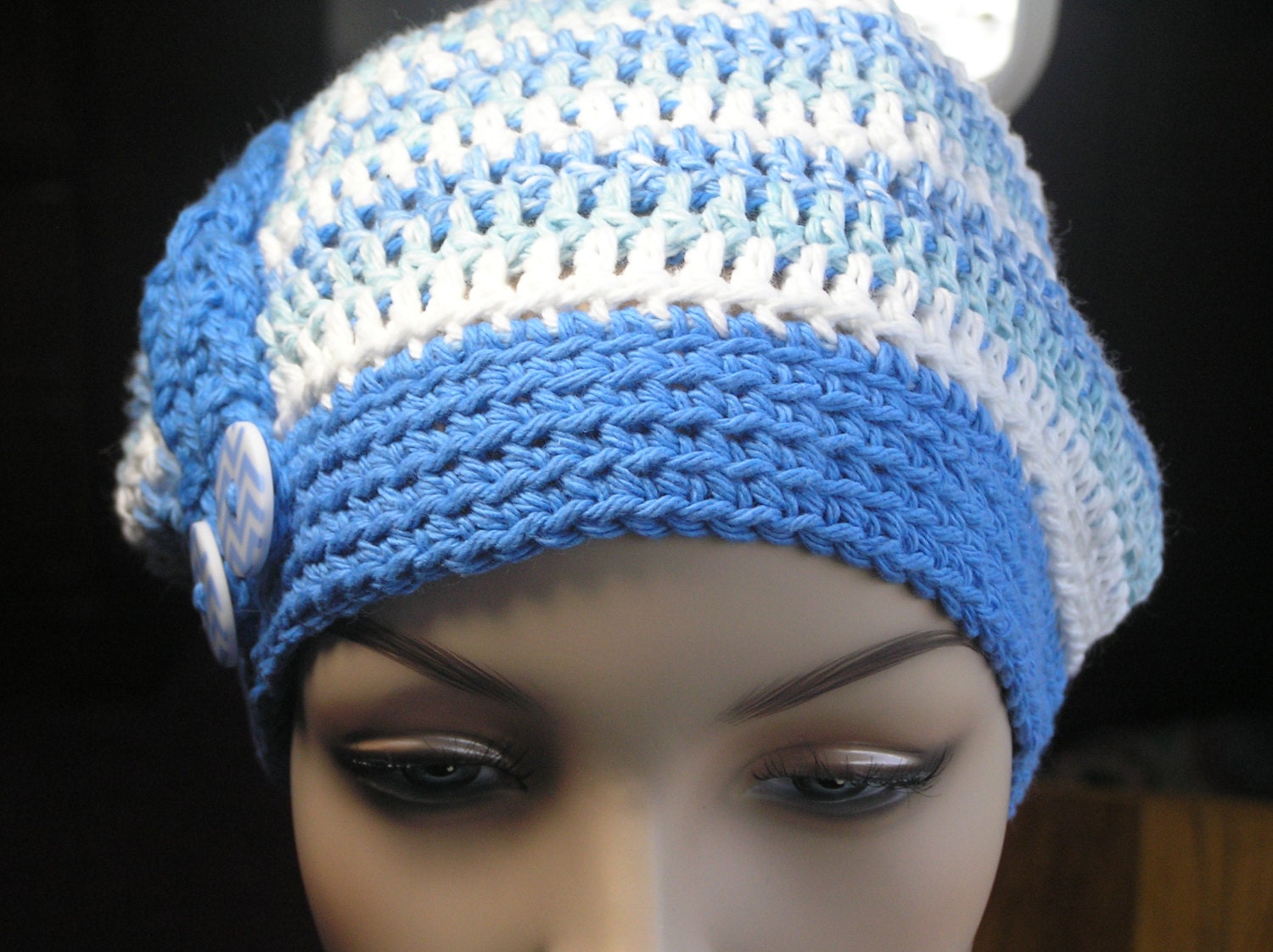 Crocheted Cotton Chemo Hat Blue Spring Summer Slightly