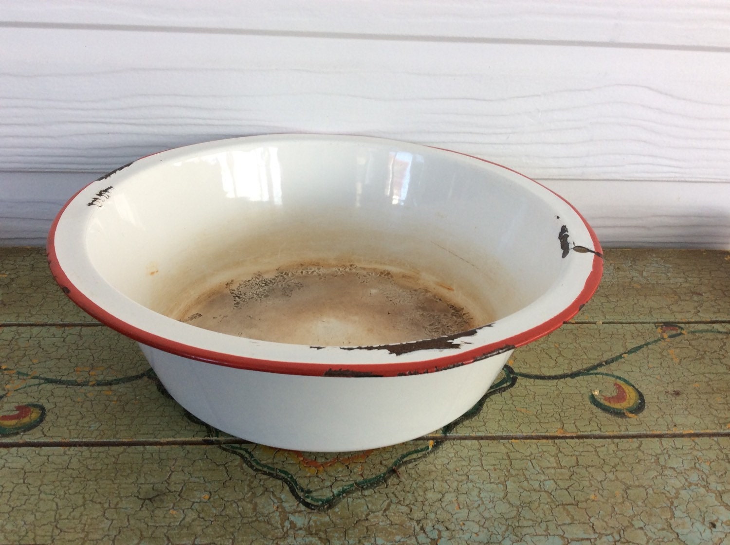 Enamelware Basin Bowl Red And White 1950s Chippy Enamel