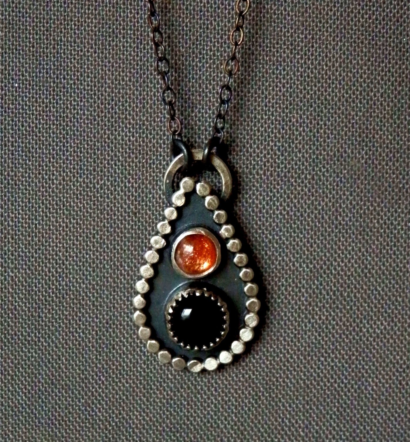 Sunstone And Onyx Necklace Sterling Silver Pendant