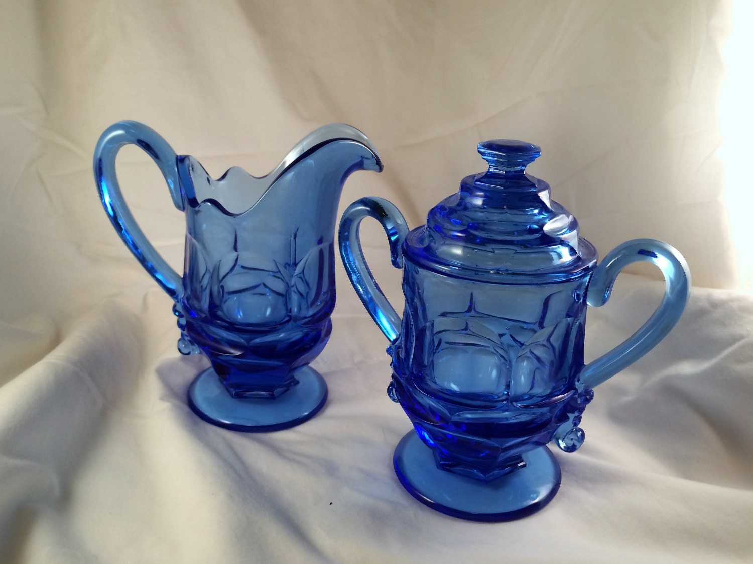 Sugar Bowl And Creamer Set In Blue Glass From The S