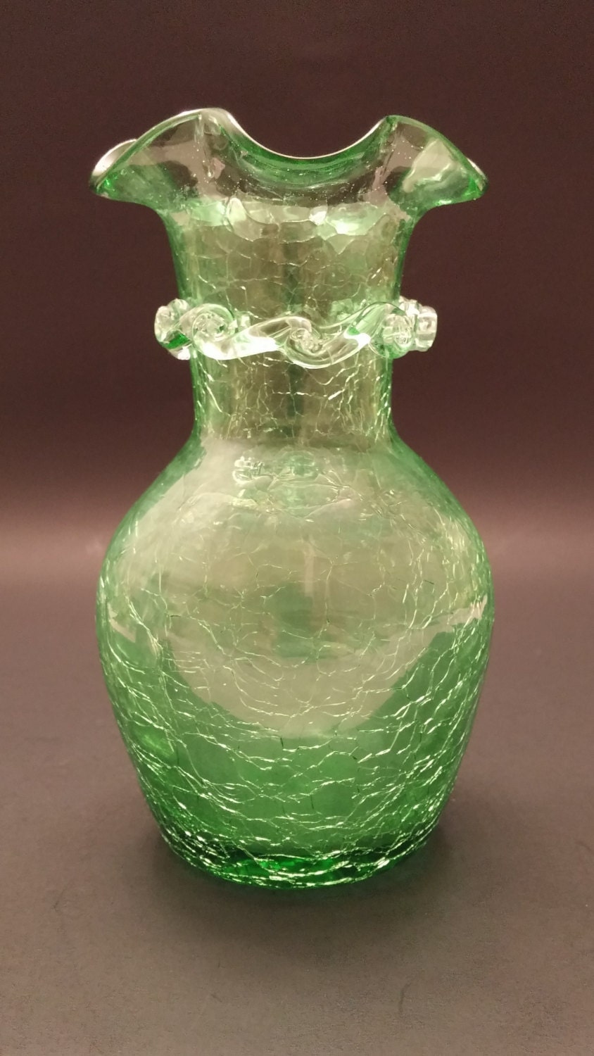 Blenko Green Crackle Glass With Attached Filigree Vase