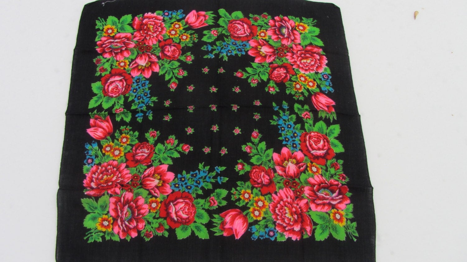 Pure Wool Black Vintage Ukrainian Floral Scarf, Russian Floral Scarf, black shaw