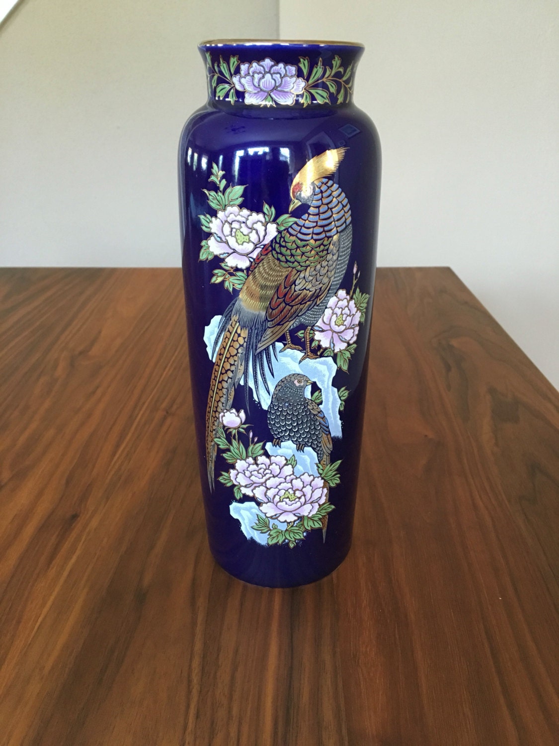 Vintage Cobalt Blue KUTANI VASE With Pheasant Made In Japan