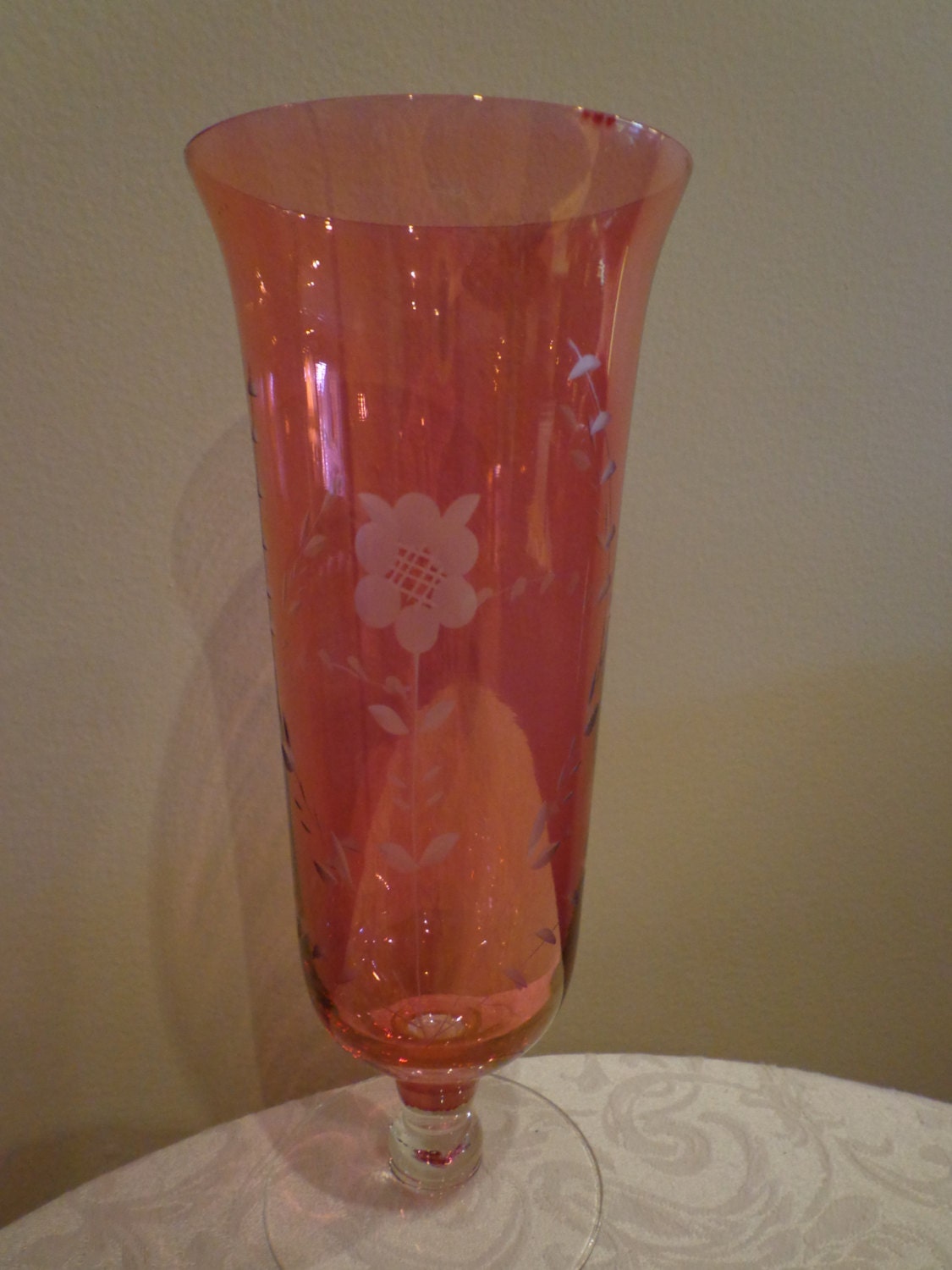 Etched Cranberry Glass Vase Bohemian Glass Vase