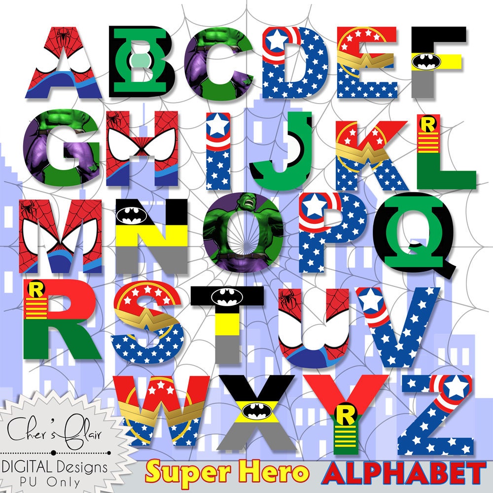 SUPERHERO ALPHABET LETTERS Wonder Woman Digital Letters