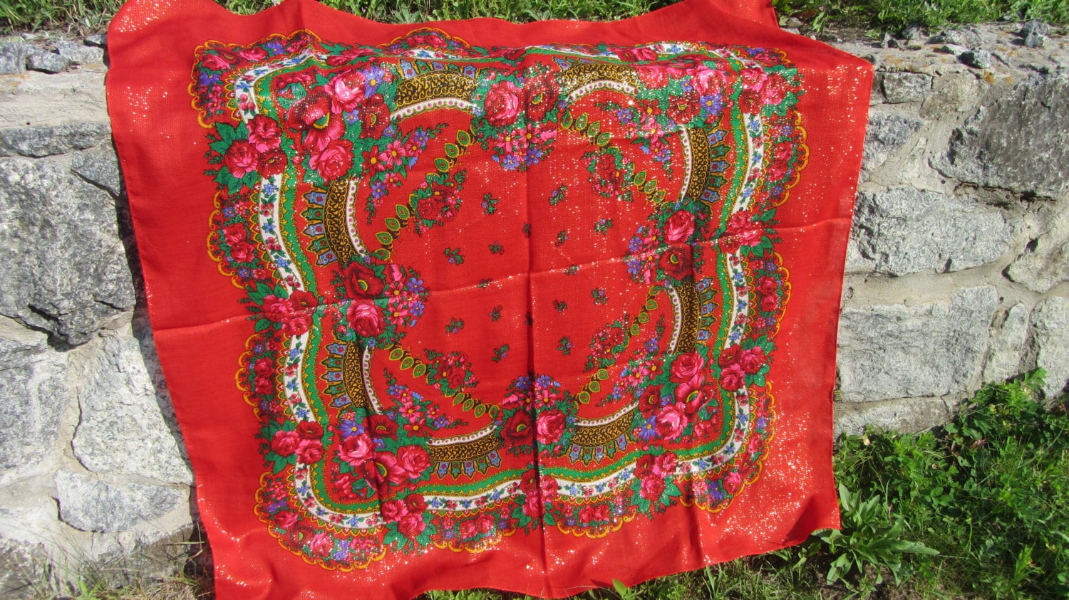 Asian Red Floral Vintage Shawl, Asian Floral Red Wool Scarf, Asian style shawl,