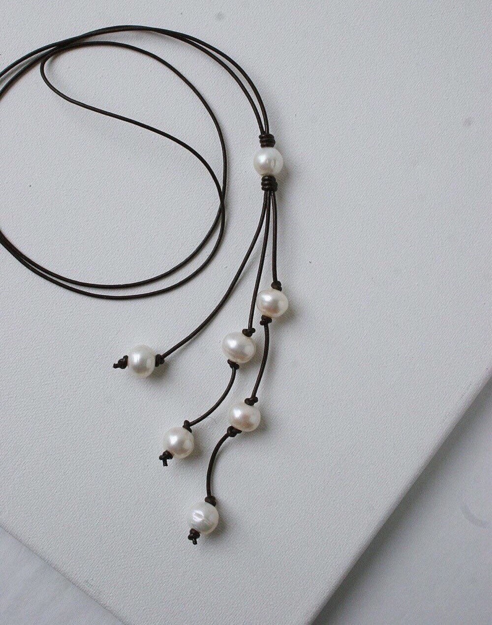 Long Lariat Necklace With Freshwater Pearls And Leather