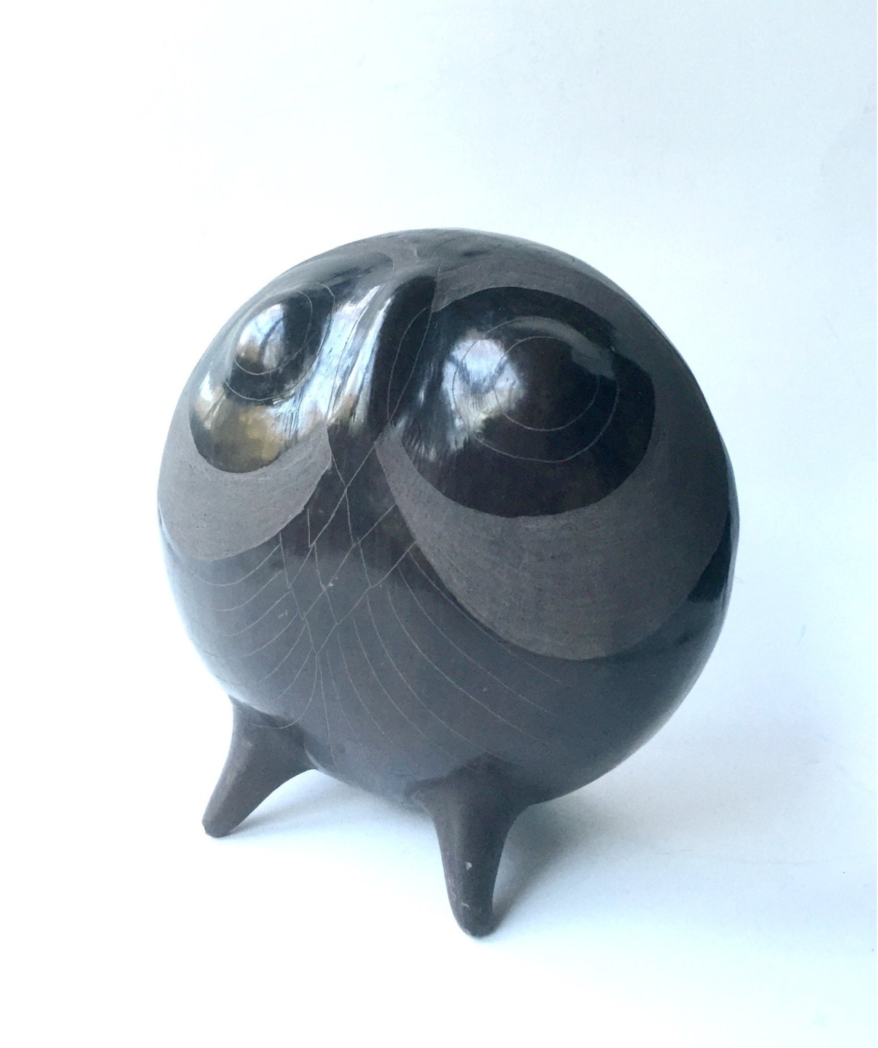 Signed V Silva Tonala Black Pottery Owl Mexican Folk Art