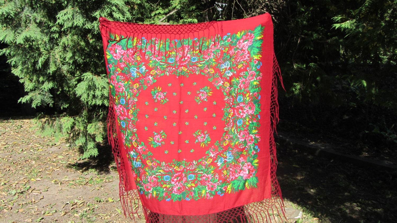 Asian Red Vintage Shawl With Fringes, Japan Floral Red Scarf, japan style shawl,