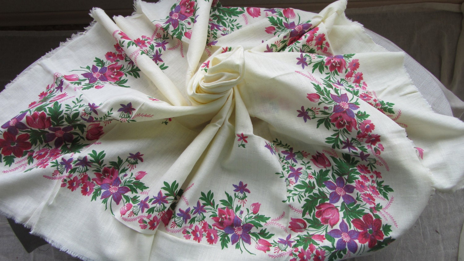 Cotton Vintage white shawl wrap, Floral cotton sheer shawl, White floral Spring
