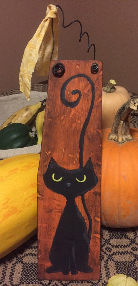 Halloween Black Cat Hand Painted Primitive Folk Art Wall Decor