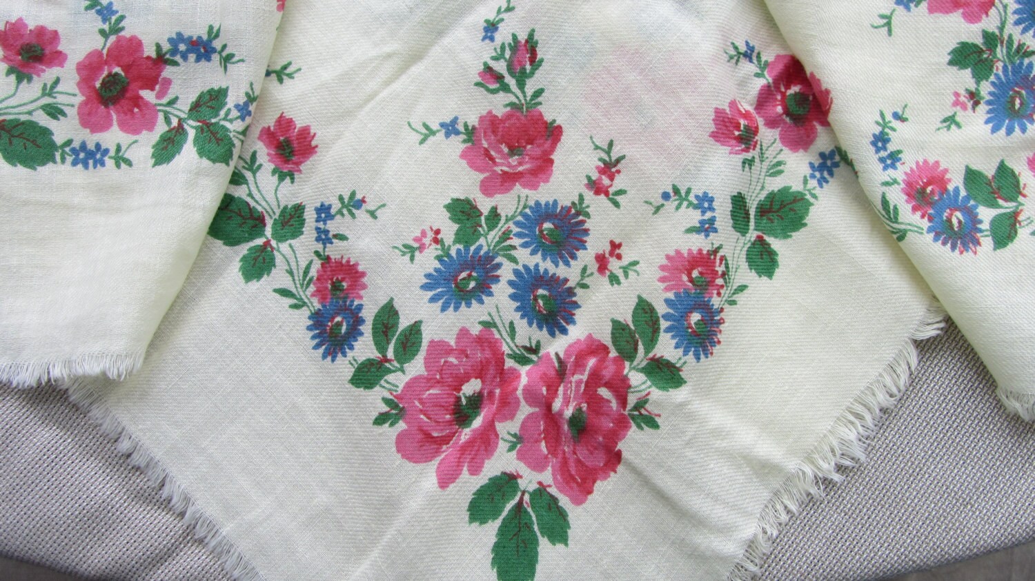 Floral Scarf with pink and blue flowers, Vintage Floral cotton white shawl, Pink
