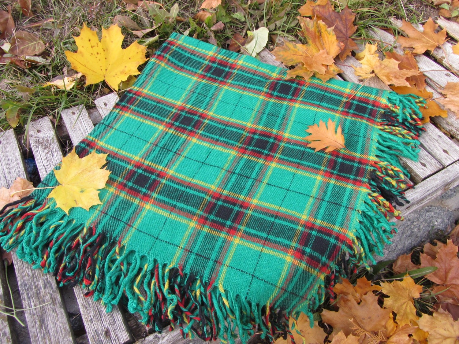Light Green checkered pattern wool scarf, USSR vintage wool scarf, Warm gift for