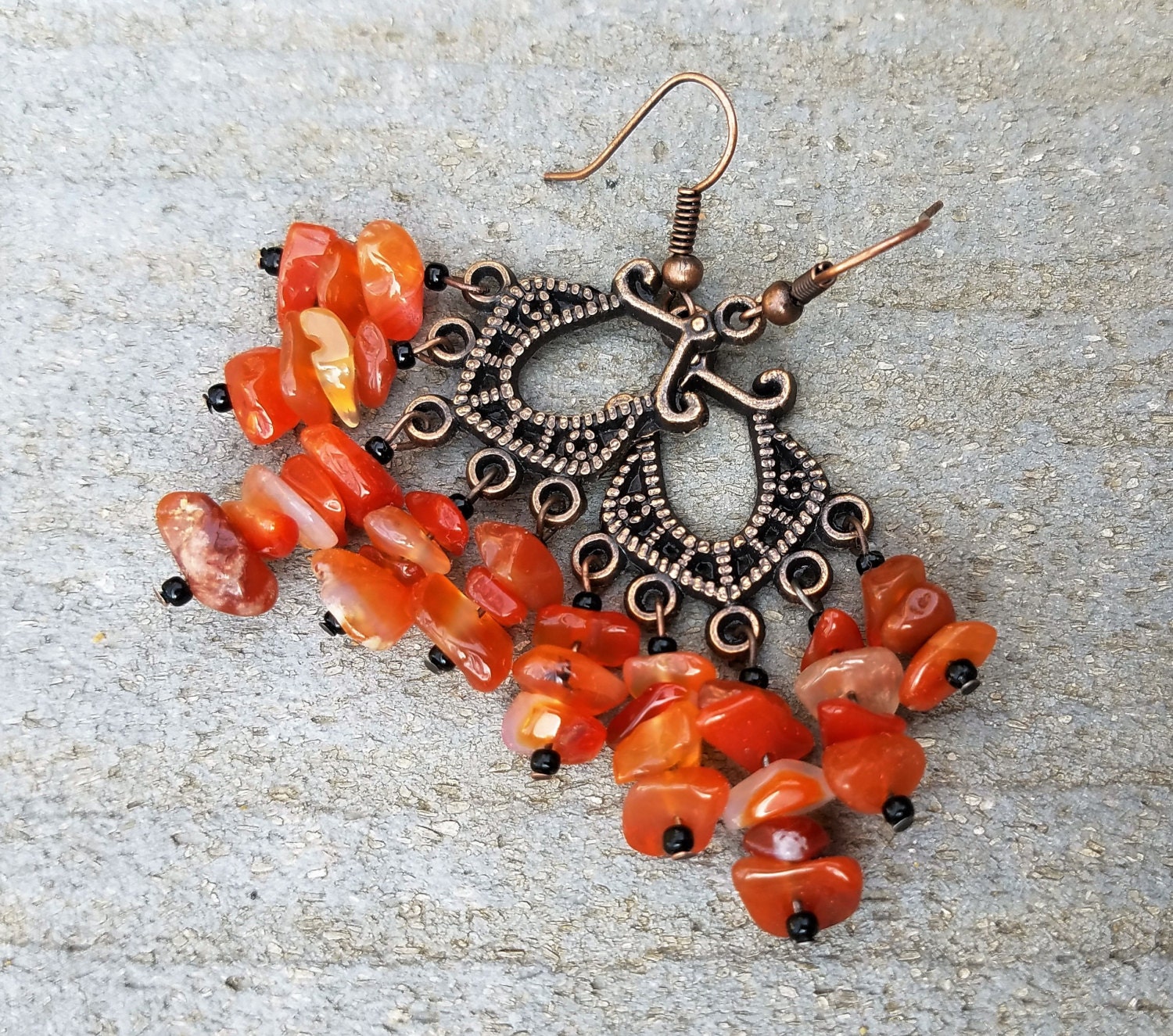 Carnelian Chandelier Earrings Antique Copper Orange Carnelian