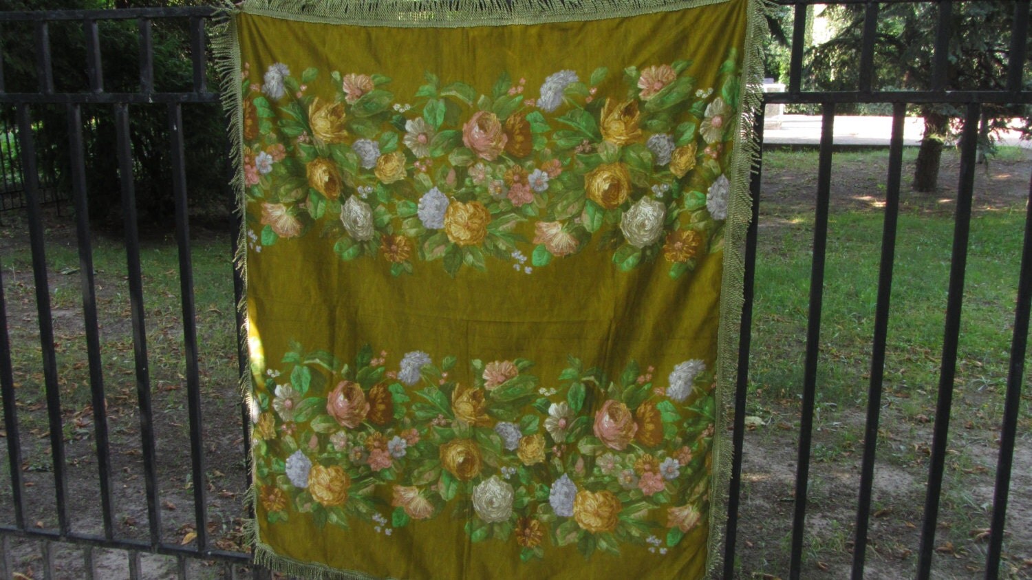 Green Cotton Floral Patterned Vintage Short Tassels Shawl, Green Scarf Accessori