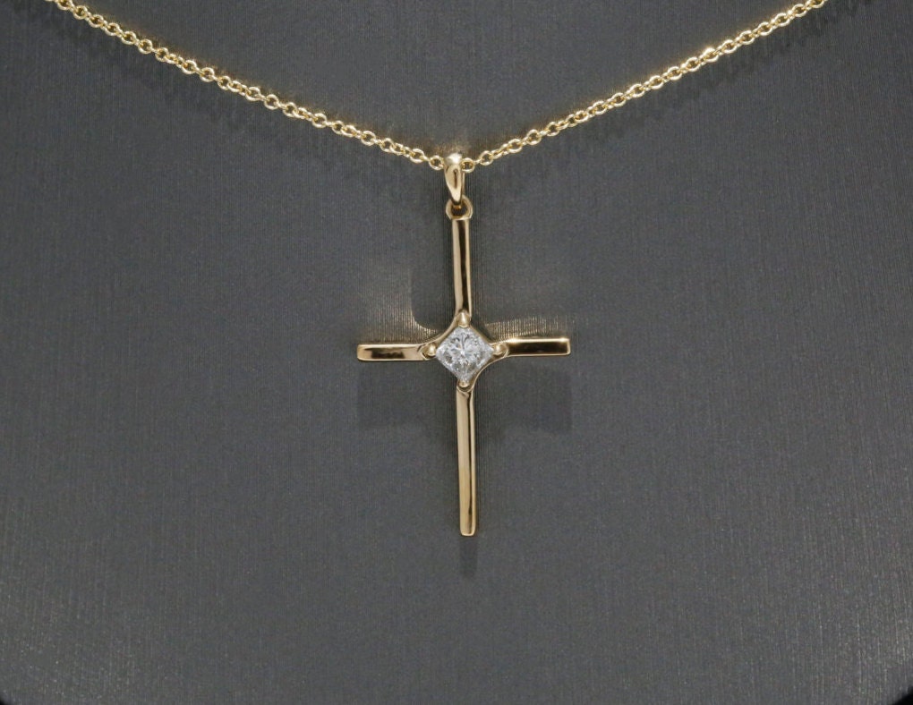 Mm Princess Cut Moissanite Cross Necklace In K Yellow