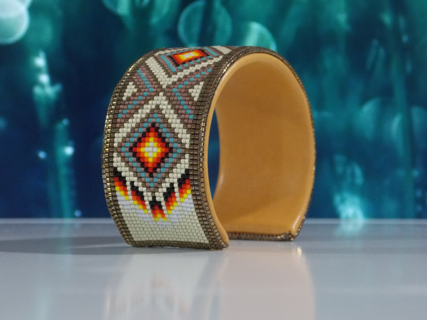 Native American Beaded Cuff Bracelet In Matt Silver