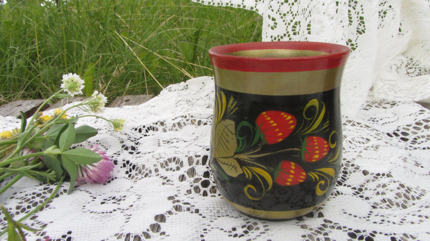 Cup Vintage USSR, Wooden Mug Khokhloma, Colorful Hand Painted Wooden Russian fol