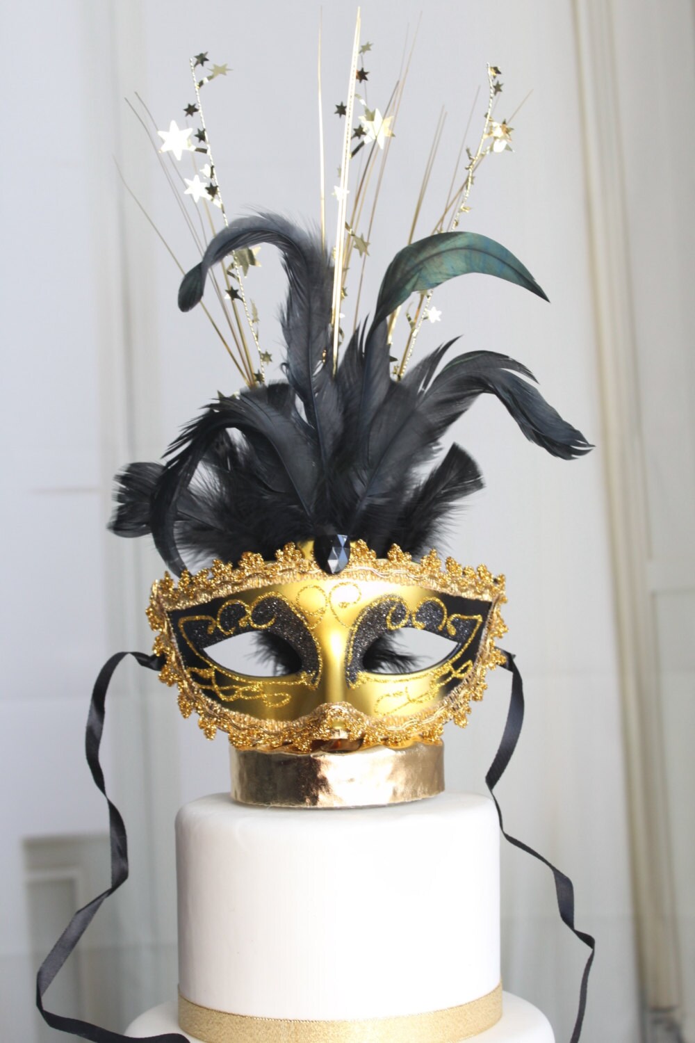 Masquerade Cake Topper Mask Gold And Black Glittery Mardi