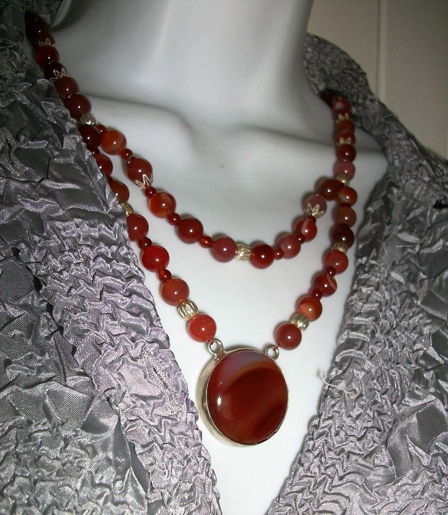 Necklace Red Carnelian Pendant In Sterling SIlver Earrings