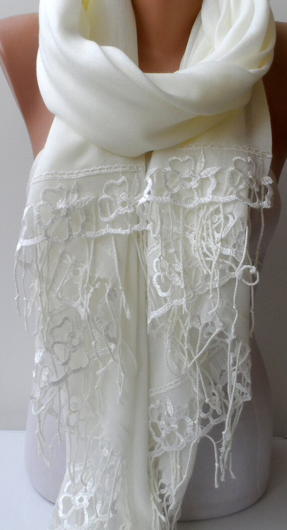 Cream Pashmina Shawl With Cream French Lace Ivory By Elegancescarf