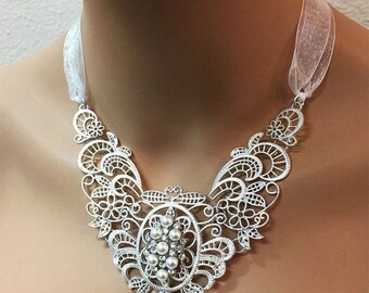 Wedding Jewelry Ooak Bridal Bib Necklace Vintage By Glamduchess