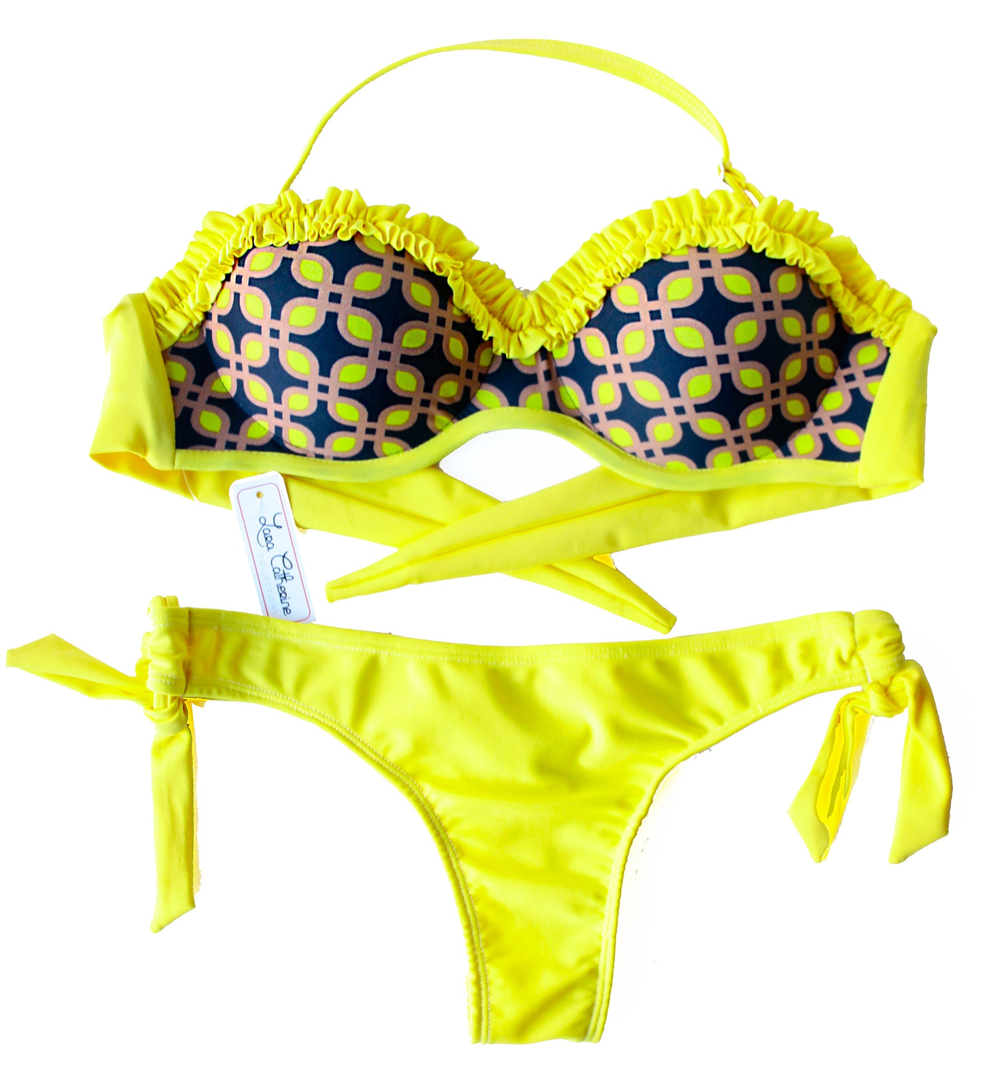 On Sale Thong Bikini Set Strapless Printed Top With Yellow