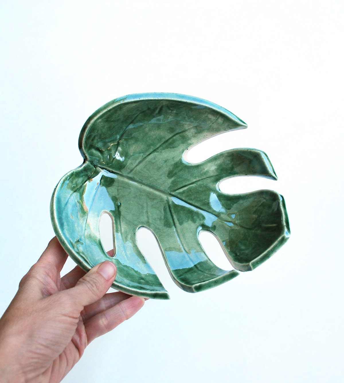 Green Leaf Philodendron Bowl Pottery Ceramic Handmade