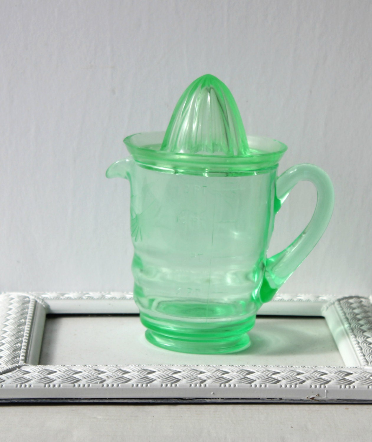 Vintage Green Depression Glass Juicer Reamer And Pitcher