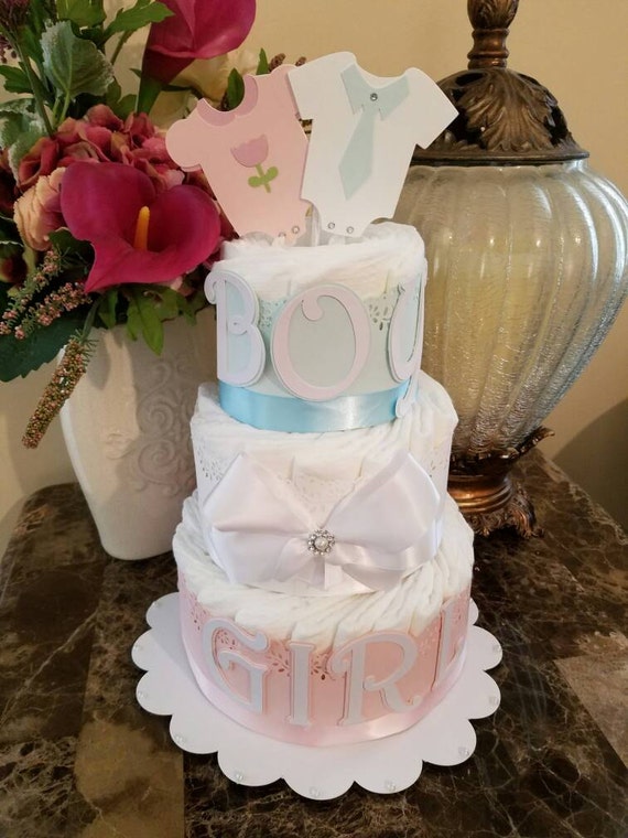 Three Tier Gender Reveal Diaper Cake Gender Neutral Diaper