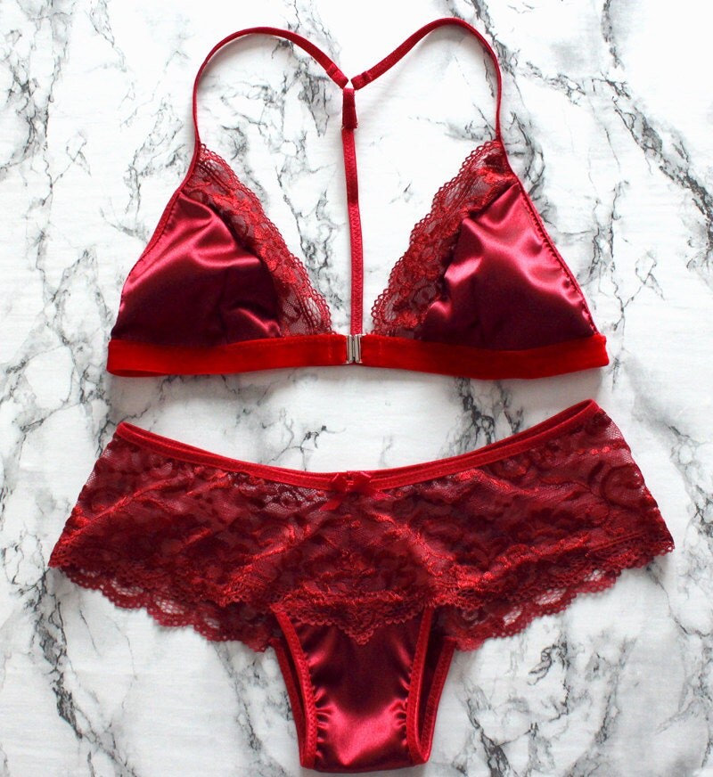 Red Silk Satin And Lace Lingerie Set With Soft Racerback