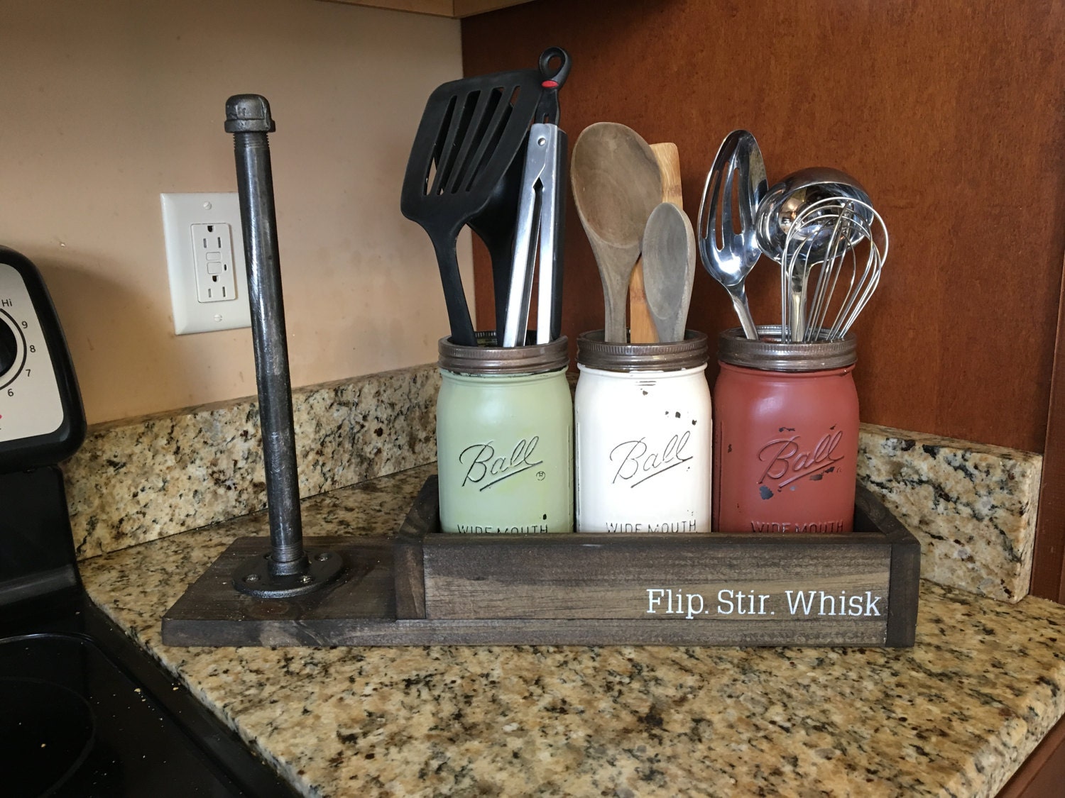 Mason Jar Utensil Holder Flip Stir Whisk Paper Towel Holder