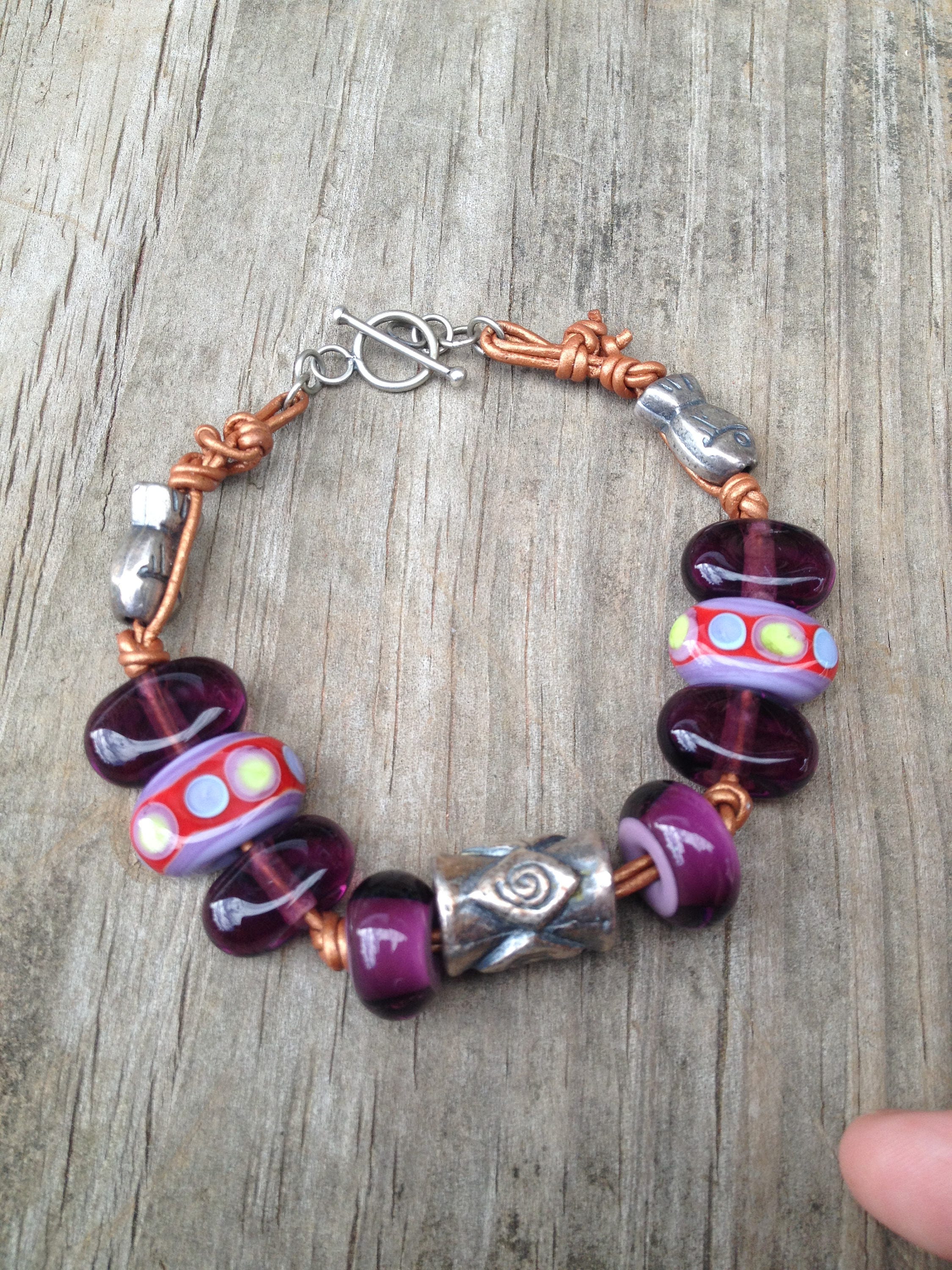 Handmade Leather And Lampwork Glass Bead Bracelet In Purple