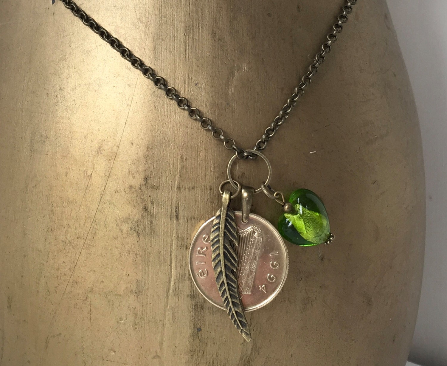 Irish Long Necklace Green Glass Heart Coin Pendant Feather