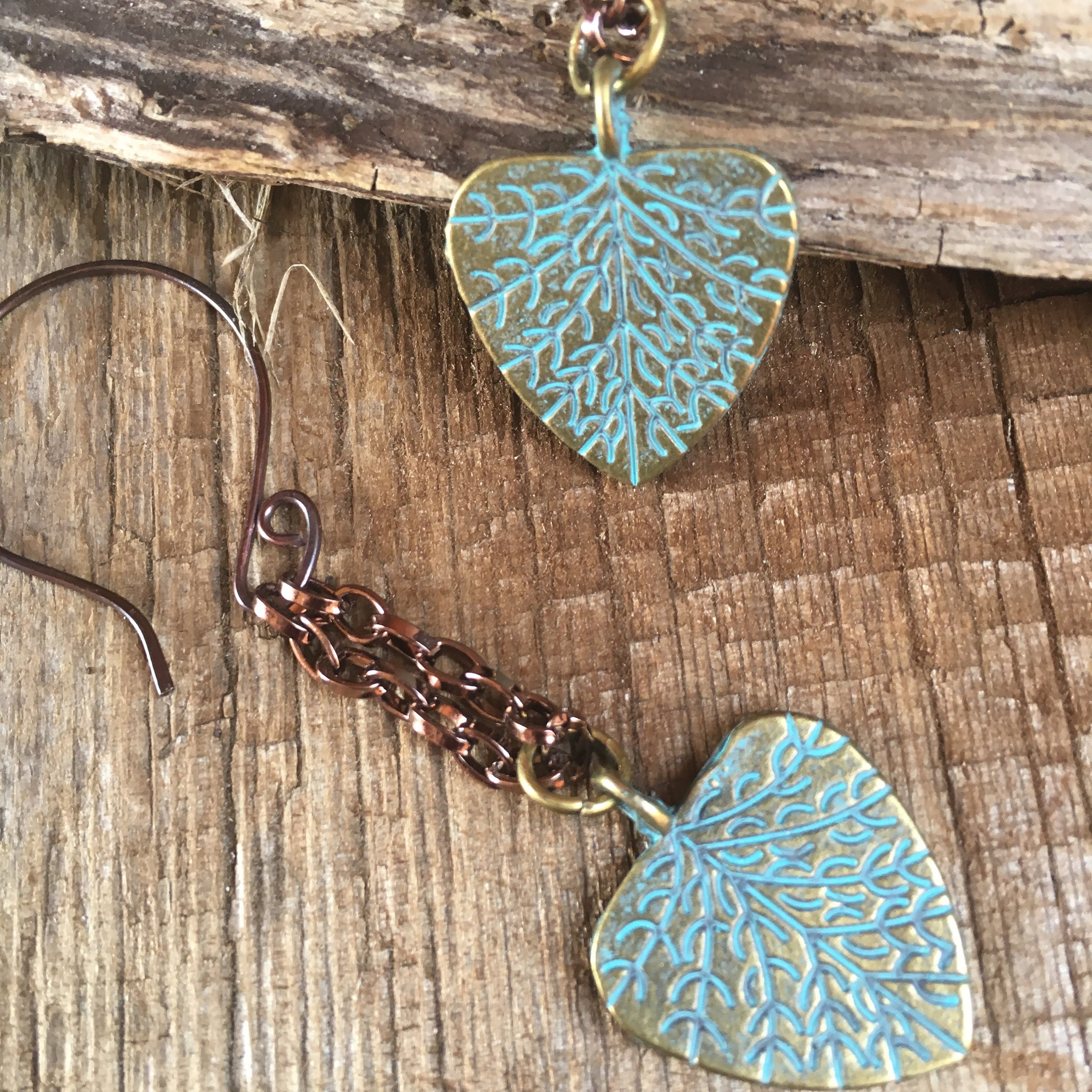 Brass Verdigris Leaf Dangle Earrings Embossed Leaf Earrings