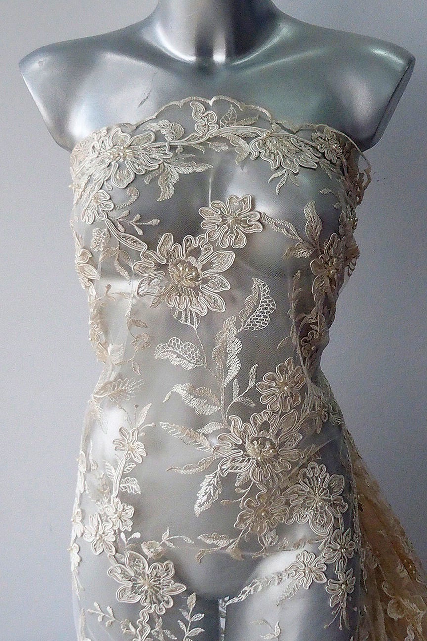 Beige Skin Color Nude Bridal Beaded Lace Fabric Beaded Tulle