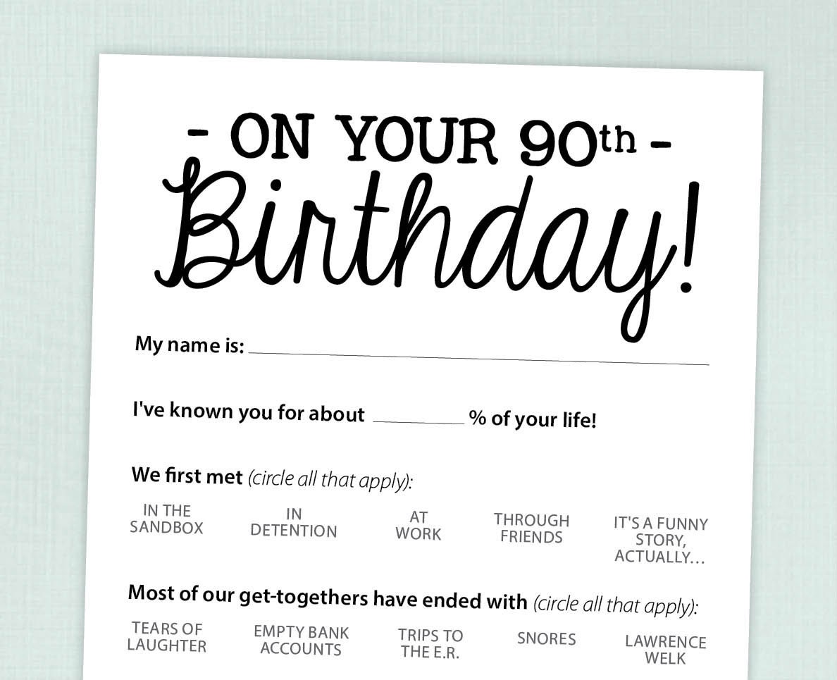 90th Birthday Party Game Card Funny Milestone Printable PDF