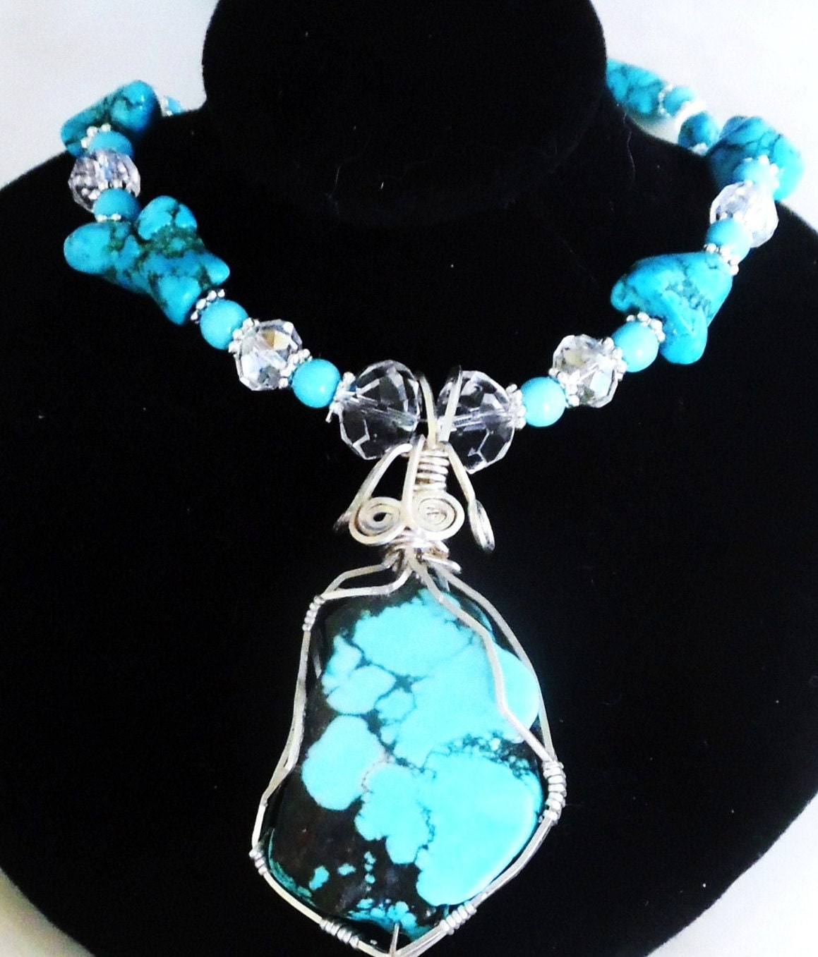 Genuine Turquoise Necklace Wire Wrapped Pendant Birthstone