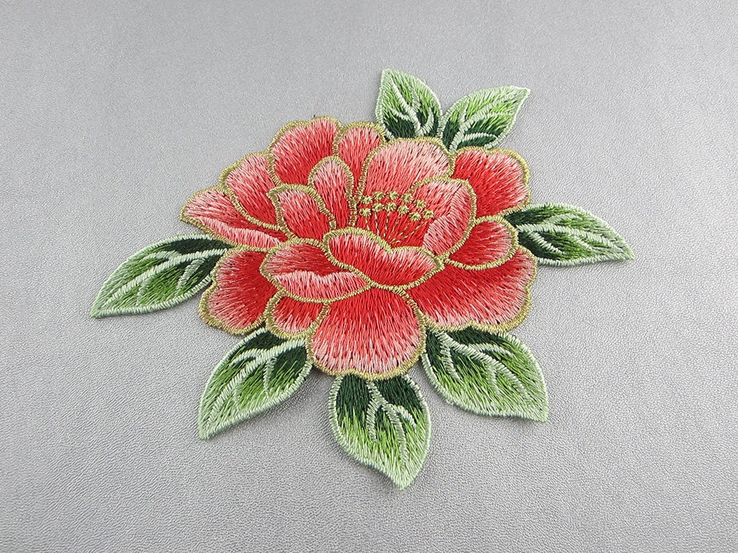 Pink Flower Embroidered Appliques Fabric Peony Patch