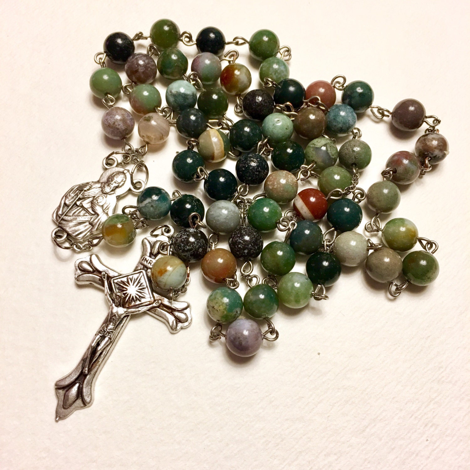 Catholic Rosary St Jude Indian Agate Natural Stone Beads