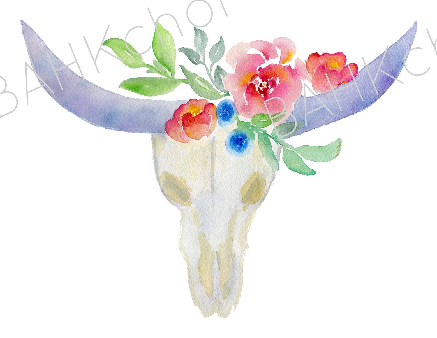 Watercolor Boho Bull Skull With Sunflower Bouquet With Wild