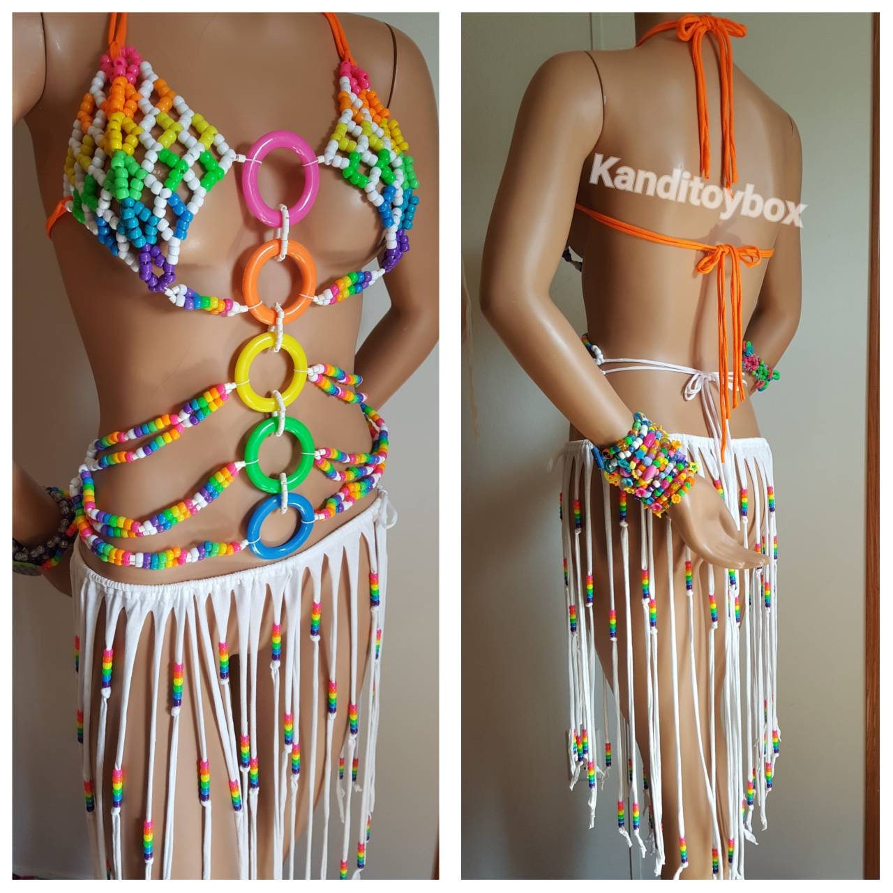 Sexy Rainbow Kandi Bra With Lace Up Corset Back Rave Outfit