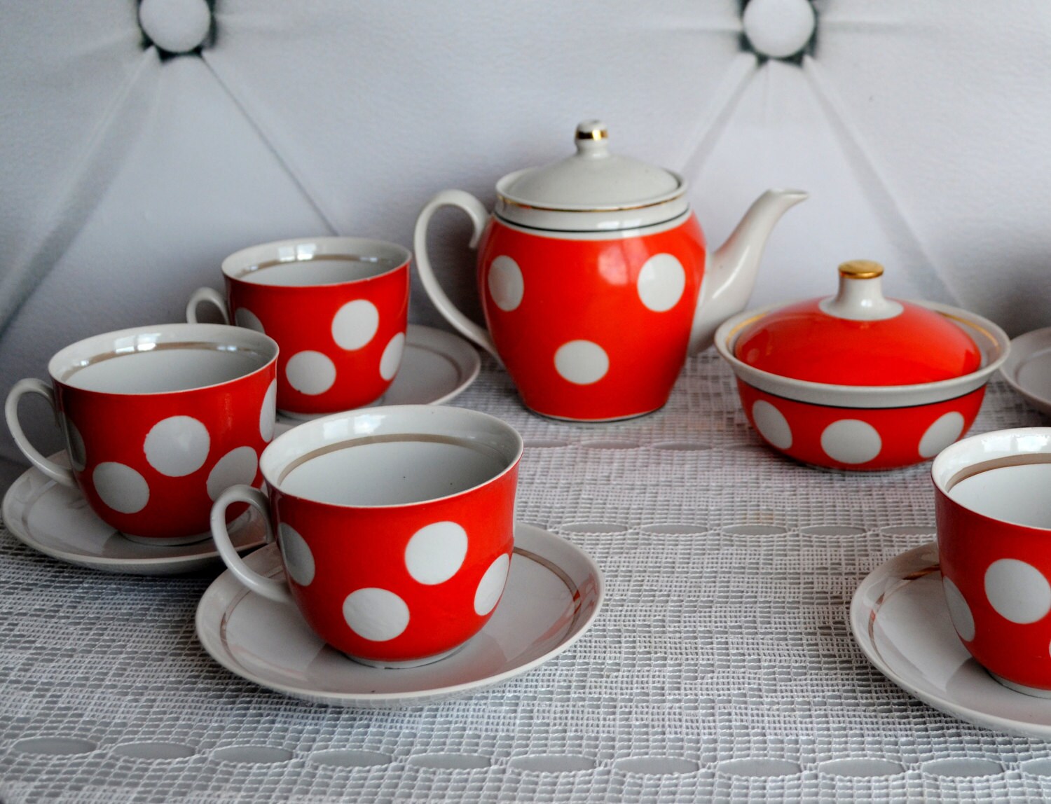 Red And White Polka Dot Tea Set Set Of Caps Saucers Soviet