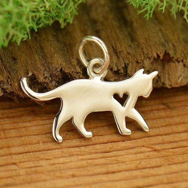 Sterling Silver Cat Charm Kitten Charm With Heart Cut Out