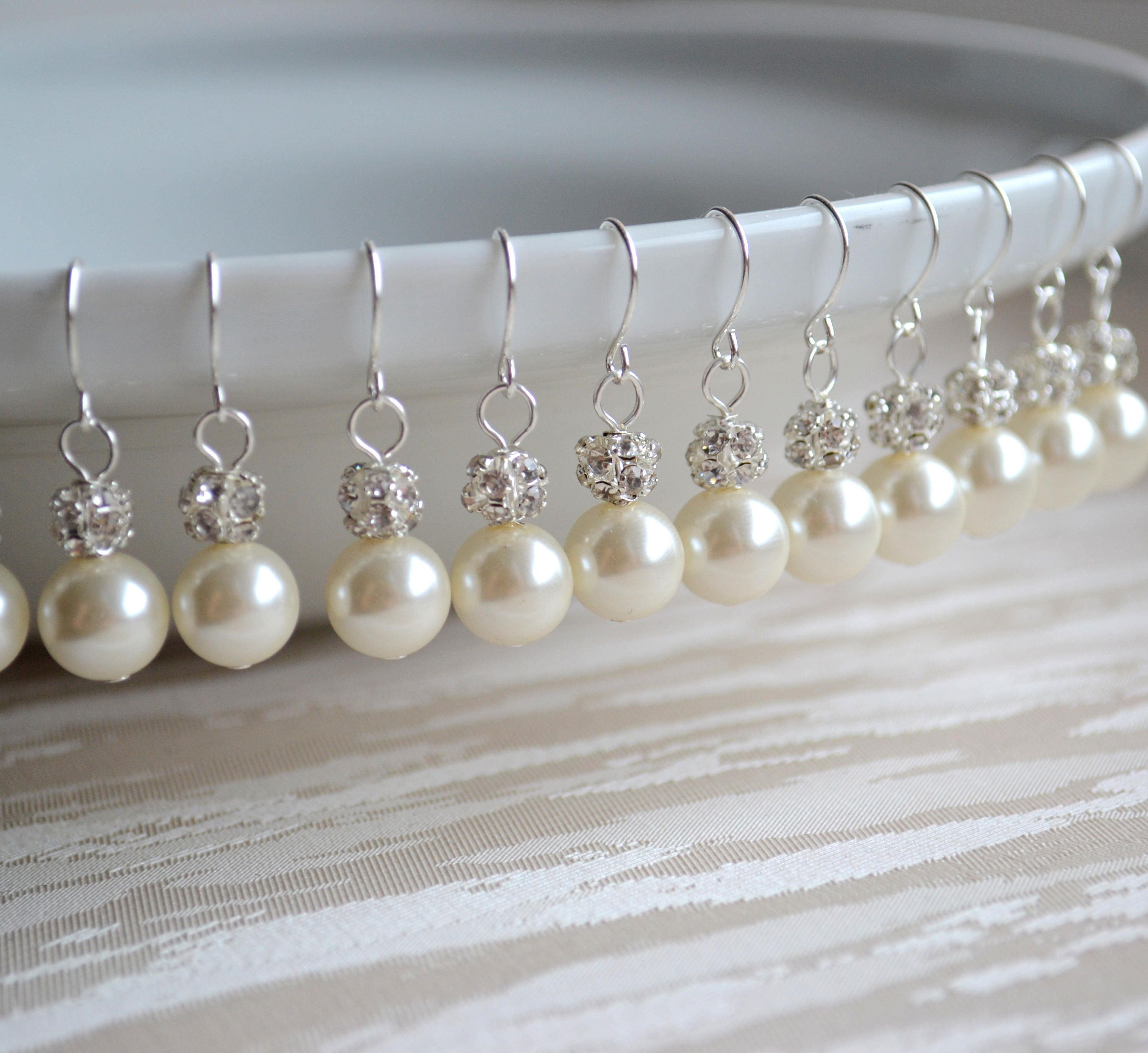 Earrings Set Of 9 Bridesmaid Pearl Jewelry Set Of 9 Rhinestone