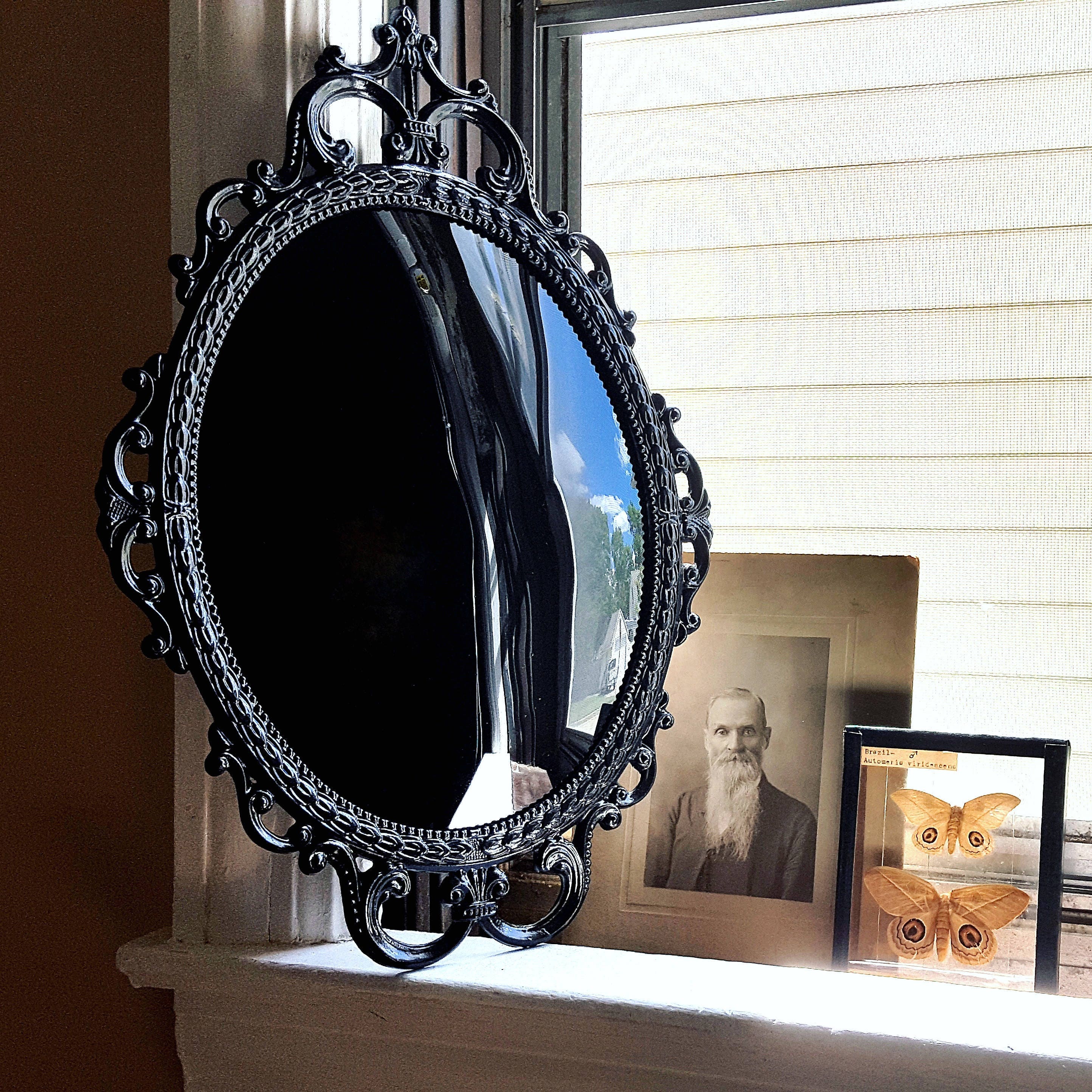 Vintage Large Black Convex Scrying Mirror Oval Looking Glass Vintage Brass Frame The Hippie