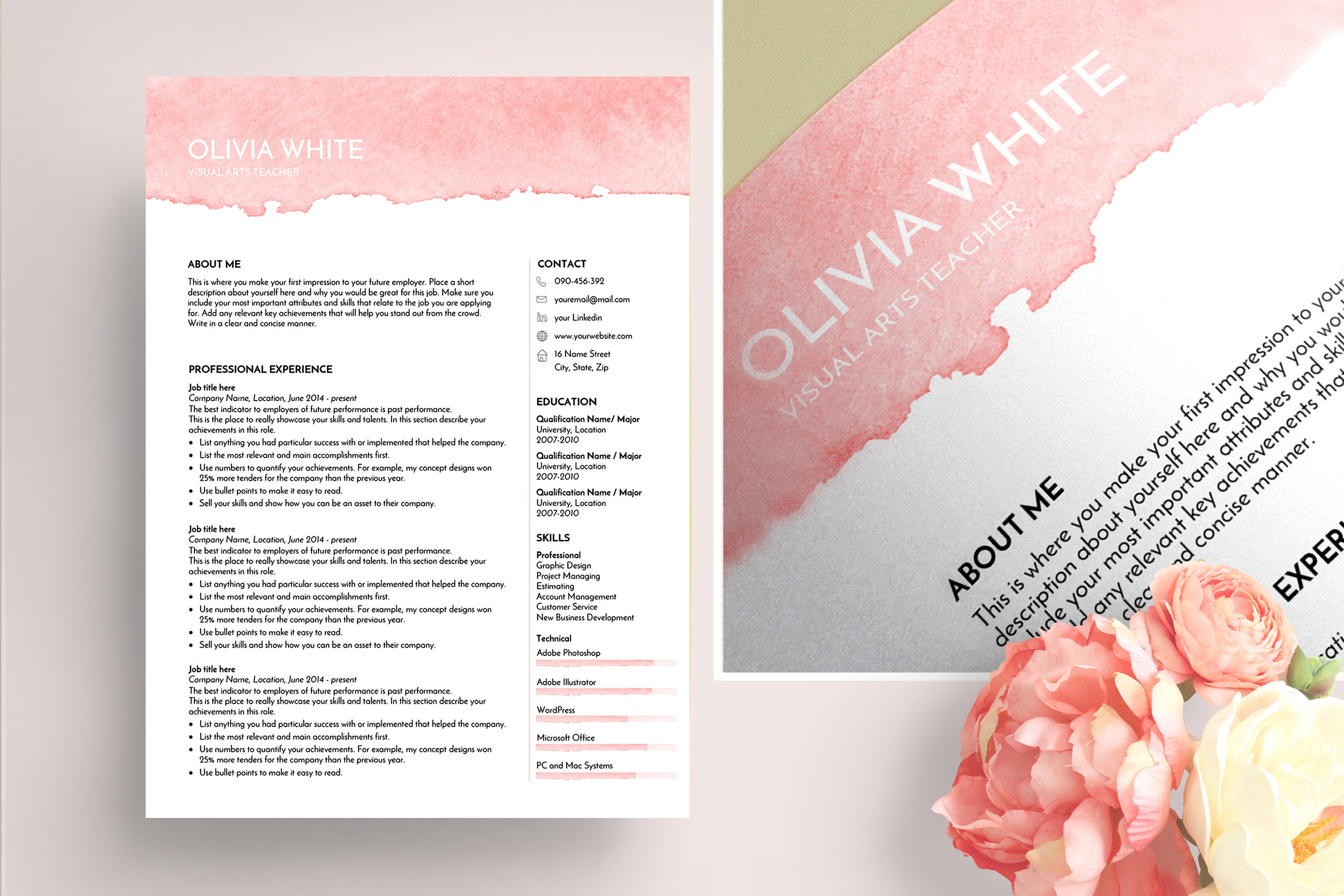 Cv Resume Modern Pink Jasmine Template Instant Word Document