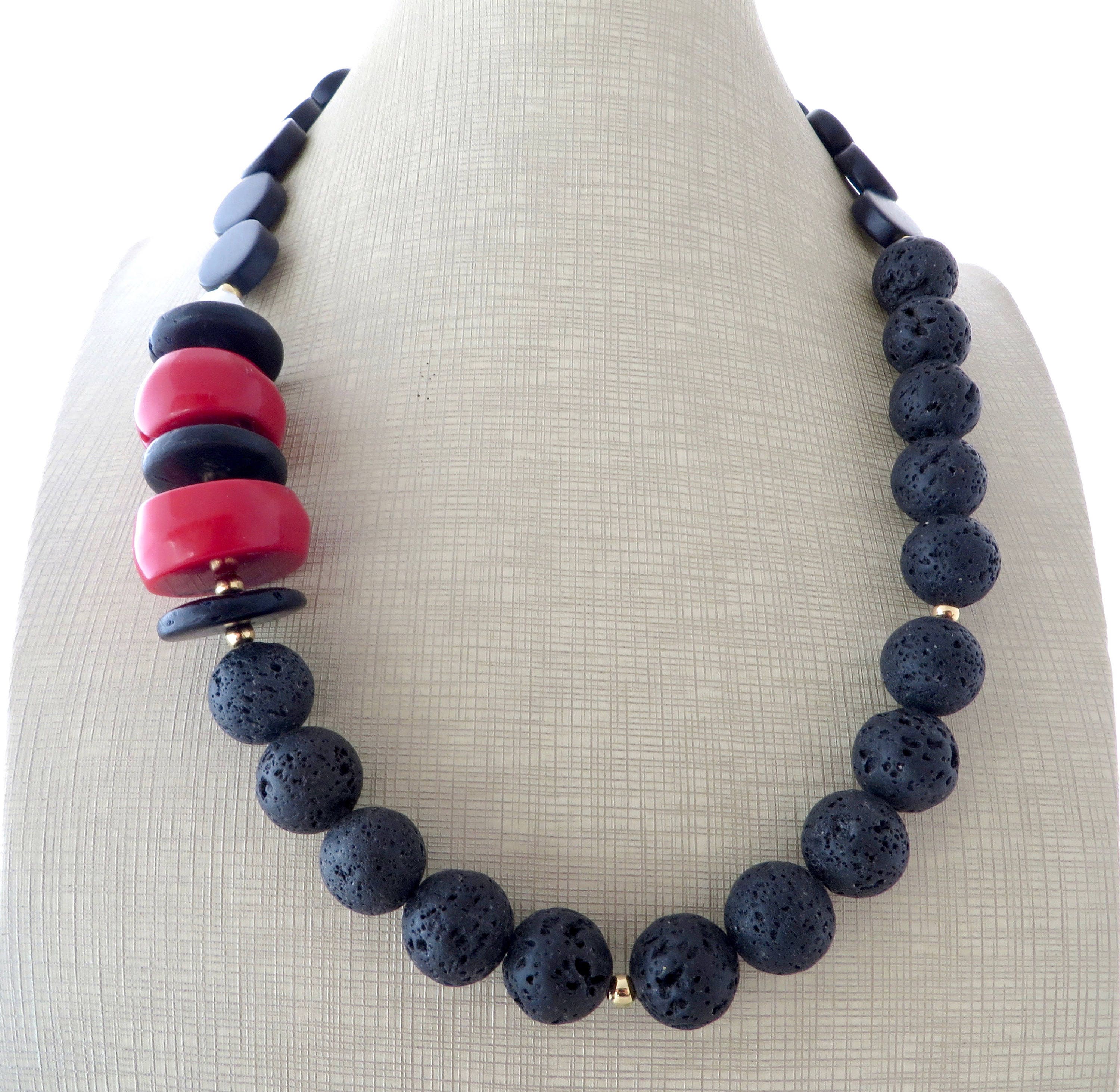 Black Lava Rock Necklace Chunky Necklace Red Coral Necklace