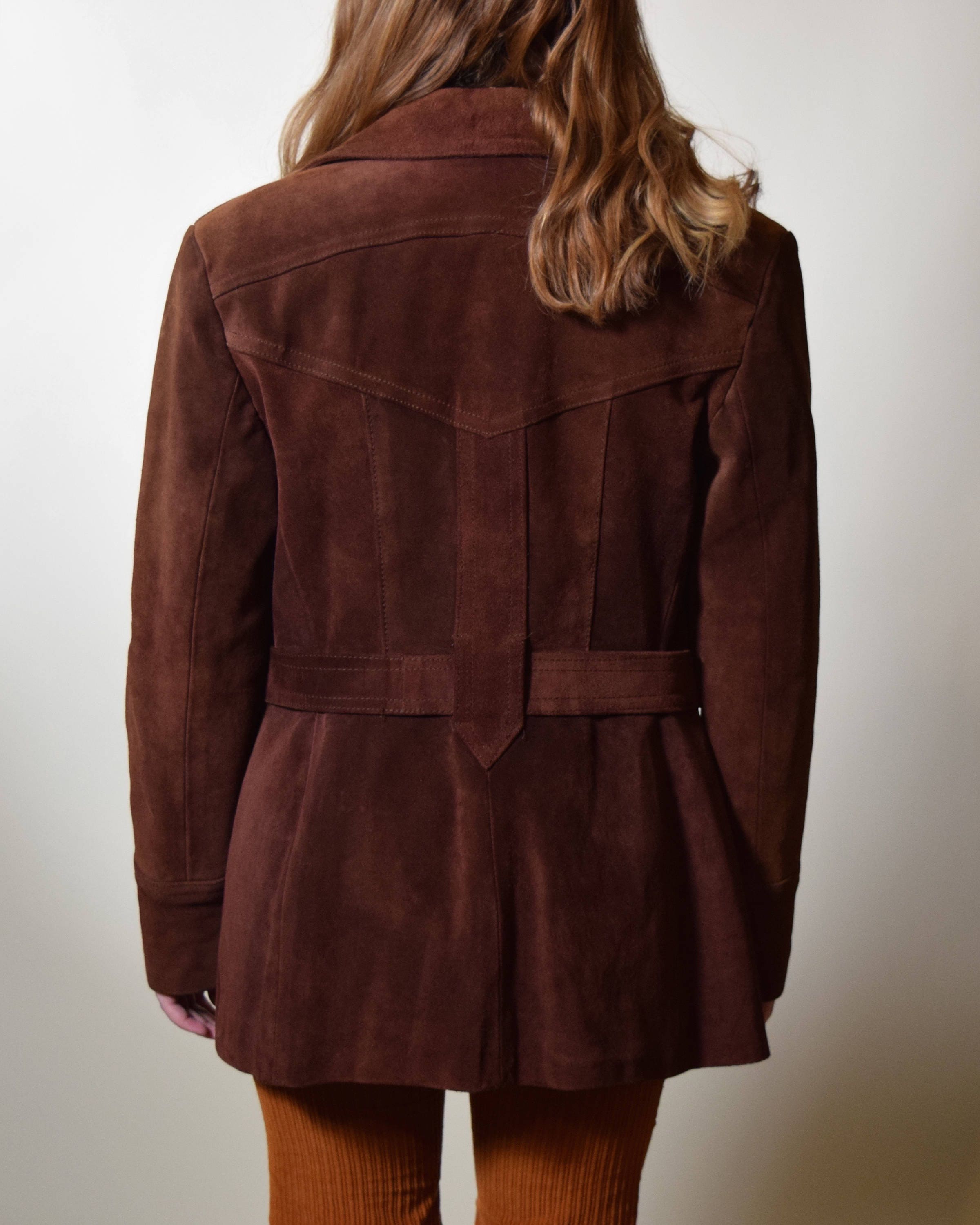 S Classic Vintage Chocolate Brown Suede Leather Jacket With Belt