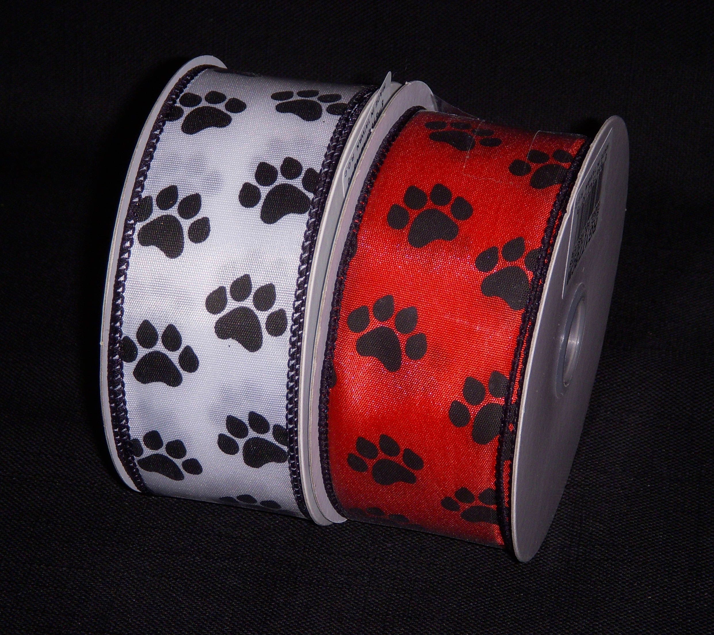 Paw Print Wired Ribbon WHITE Or RED Satin 1 1 2 Ribbon